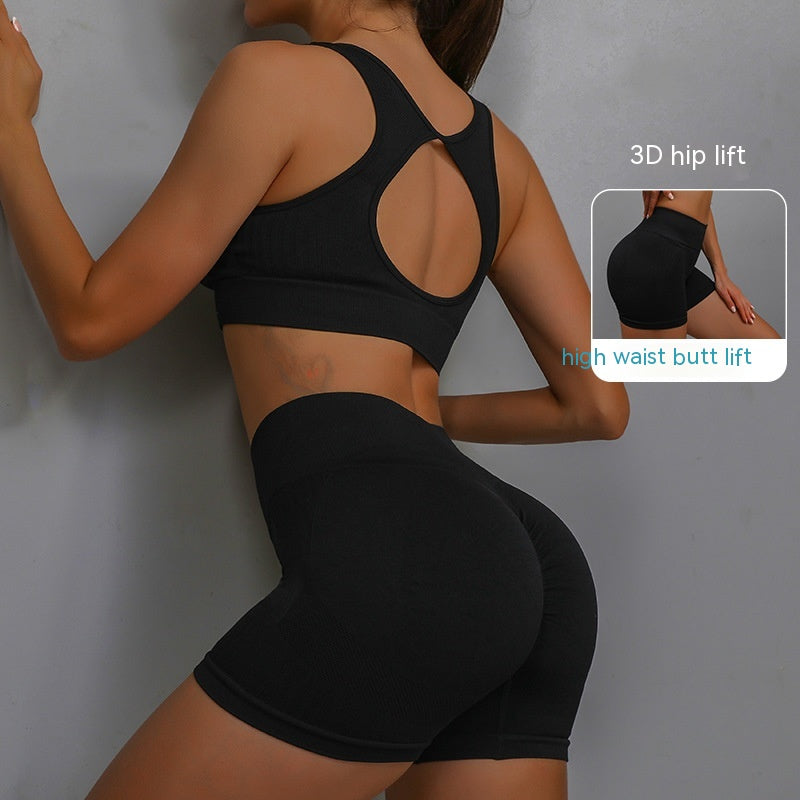 2pcs Sports Fitness Yoga Suit Breathable Hip-lifting Shorts And Hollow Out Back Bra Womens Clothing - Zalixer