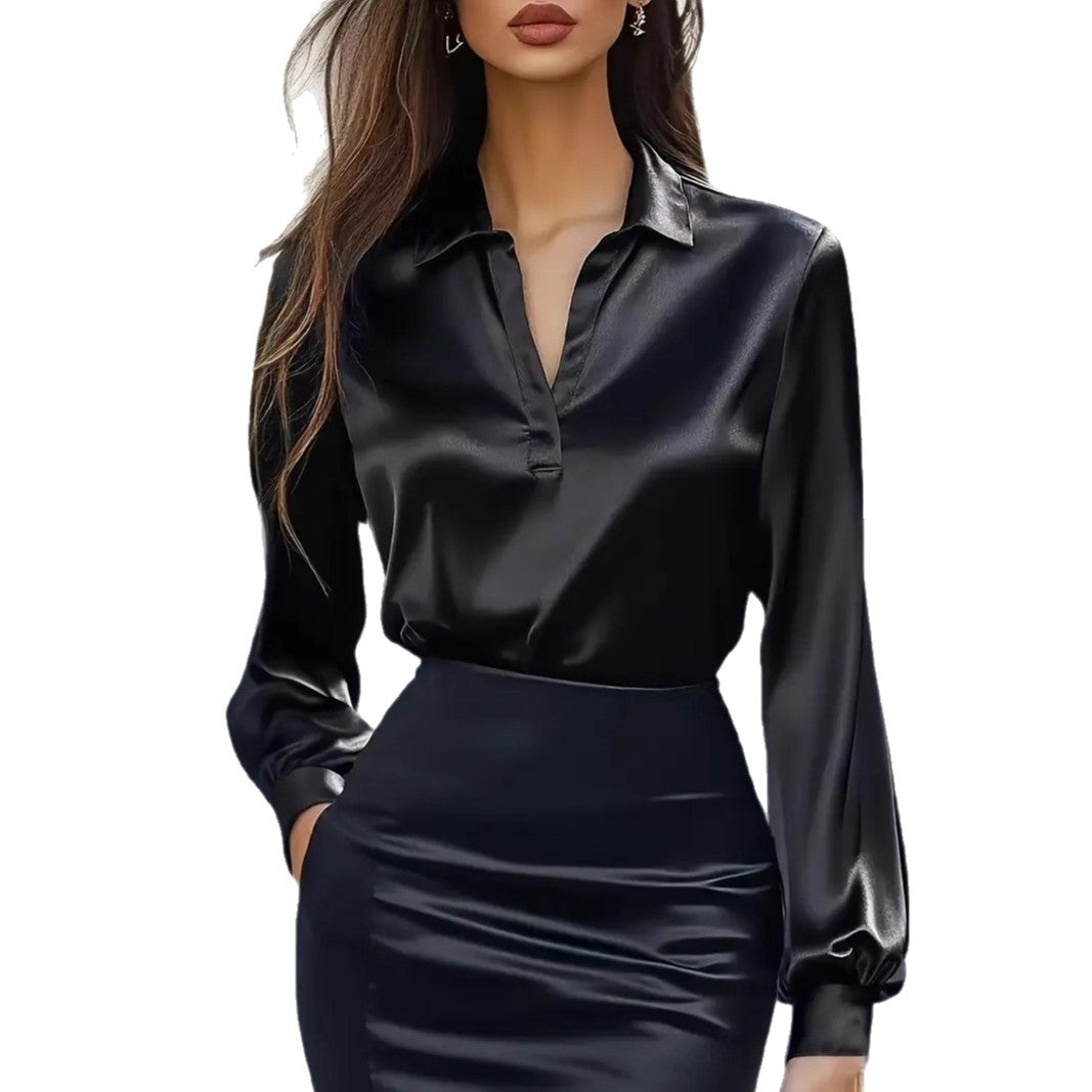 Spring Autumn Fashion Commuting Satin V-neck Long-sleeved Shirt Casual Loose Blouse Office Women Shirts Solid Color Elegant Lady Solid Simple Tops - Zalixer