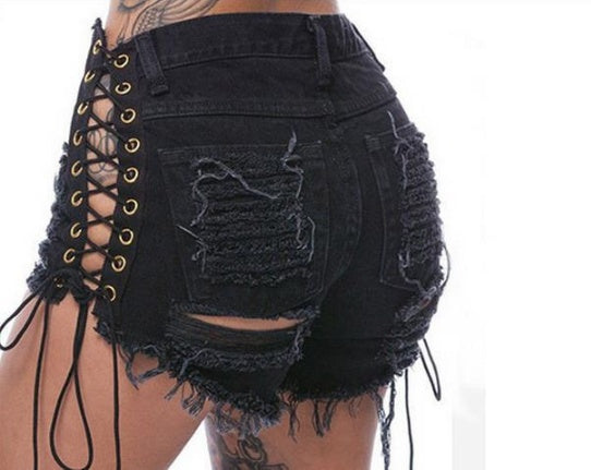 Graveyard Ripped Lace Up Shorts - Zalixer