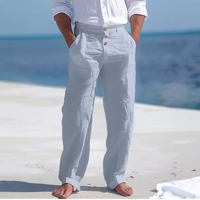 Front Pocket Straight Pure Color Comfort Breathable Men's Linen Pants Trousers