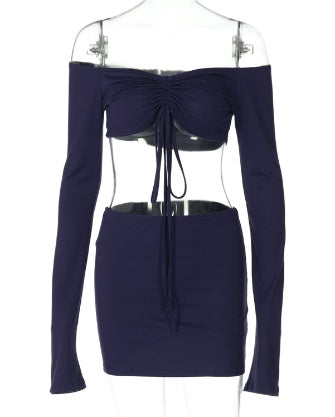 Drawstring Drop Ruched Off Shoulder Two-piece Skirt Set Y2K Long Sleeve Top & Bodycon Skirt Outfits Women's Clothing - Zalixer