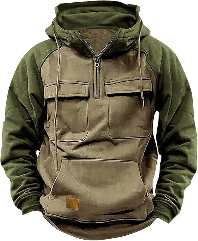 Fall Winter Retro Cargo Men's Half Zipper Multi Pockets Solid Warm Fleece Hoodie Sweatshirts - Zalixer