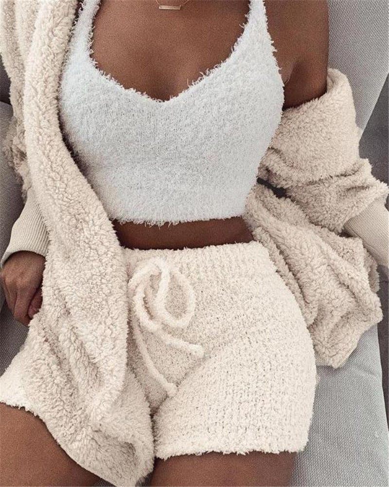3pcs Womens Clothing Long Sleeve Crop Tank Top And Drawstring Shorts Pajama Set - Zalixer