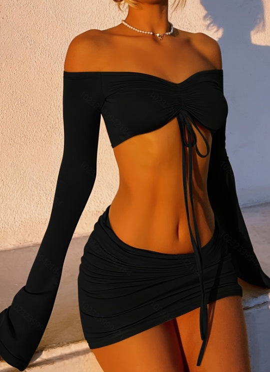 Drawstring Drop Ruched Off Shoulder Two-piece Skirt Set Y2K Long Sleeve Top & Bodycon Skirt Outfits Women's Clothing - Zalixer