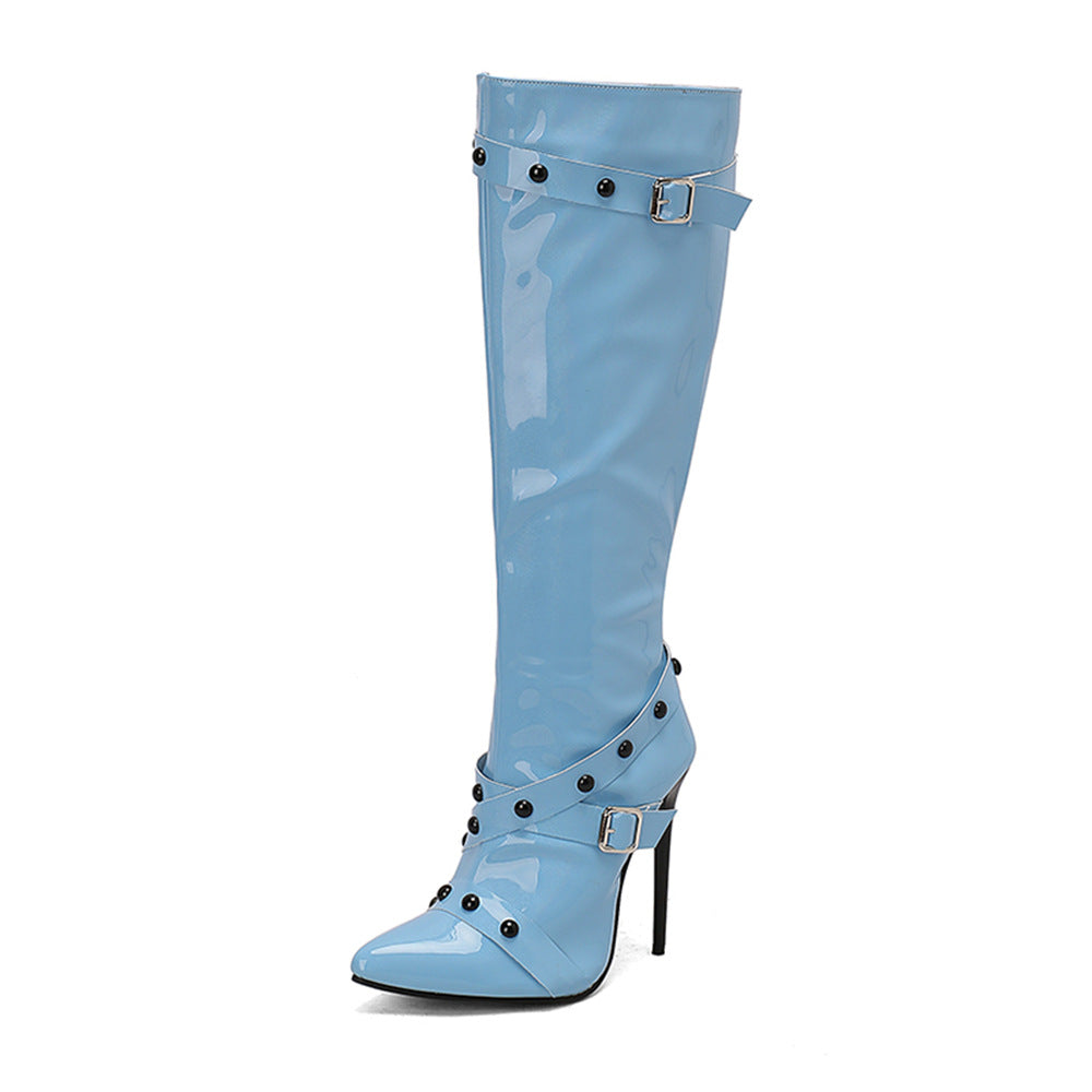 Womens Stiletto Heel Rivet Long Boots - Zalixer