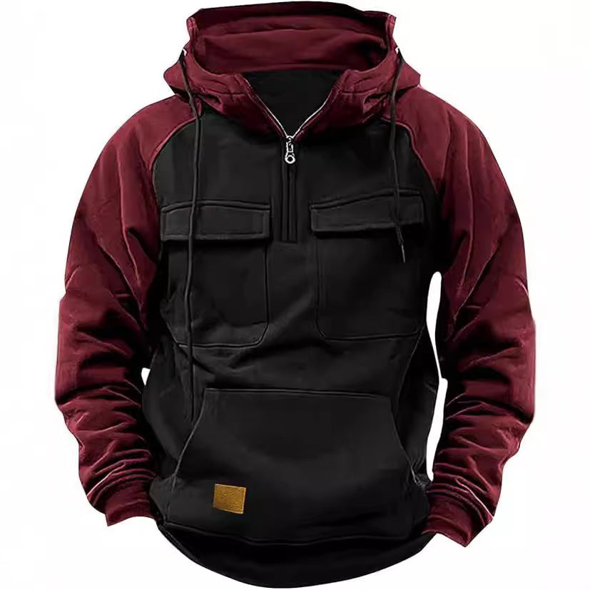 Fall Winter Retro Cargo Men's Half Zipper Multi Pockets Solid Warm Fleece Hoodie Sweatshirts - Zalixer