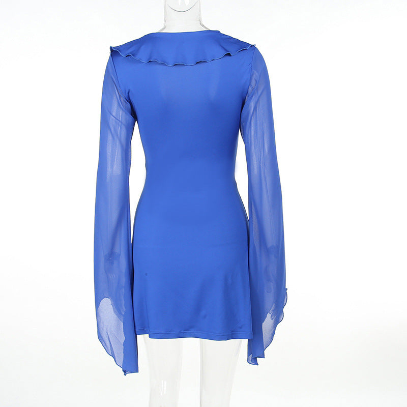 Sexy Ruffled V-neck Lace-up Long-sleeved Dress Fashion Y2K Skirt Slim Hip-covering Short Dresses For Womens Clothing - Zalixer