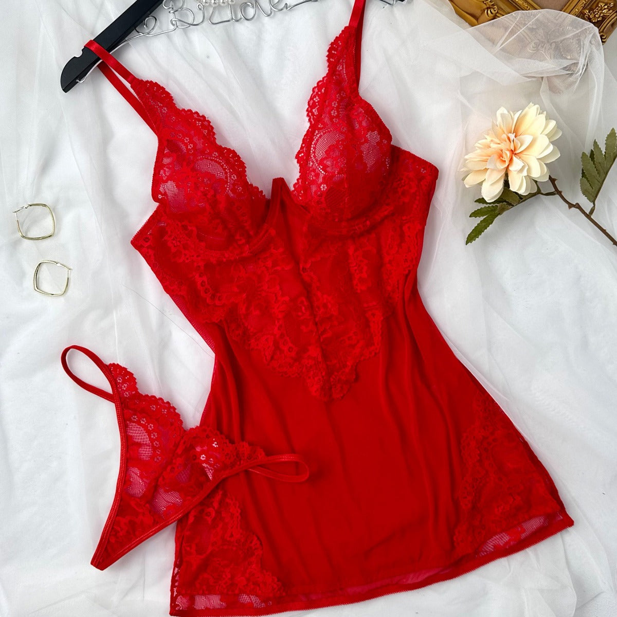 Cutout Sling Tulle See-through Lace Pajamas For Women - Zalixer