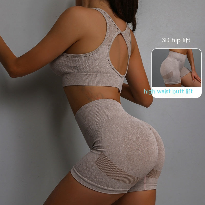 2pcs Sports Fitness Yoga Suit Breathable Hip-lifting Shorts And Hollow Out Back Bra Womens Clothing - Zalixer