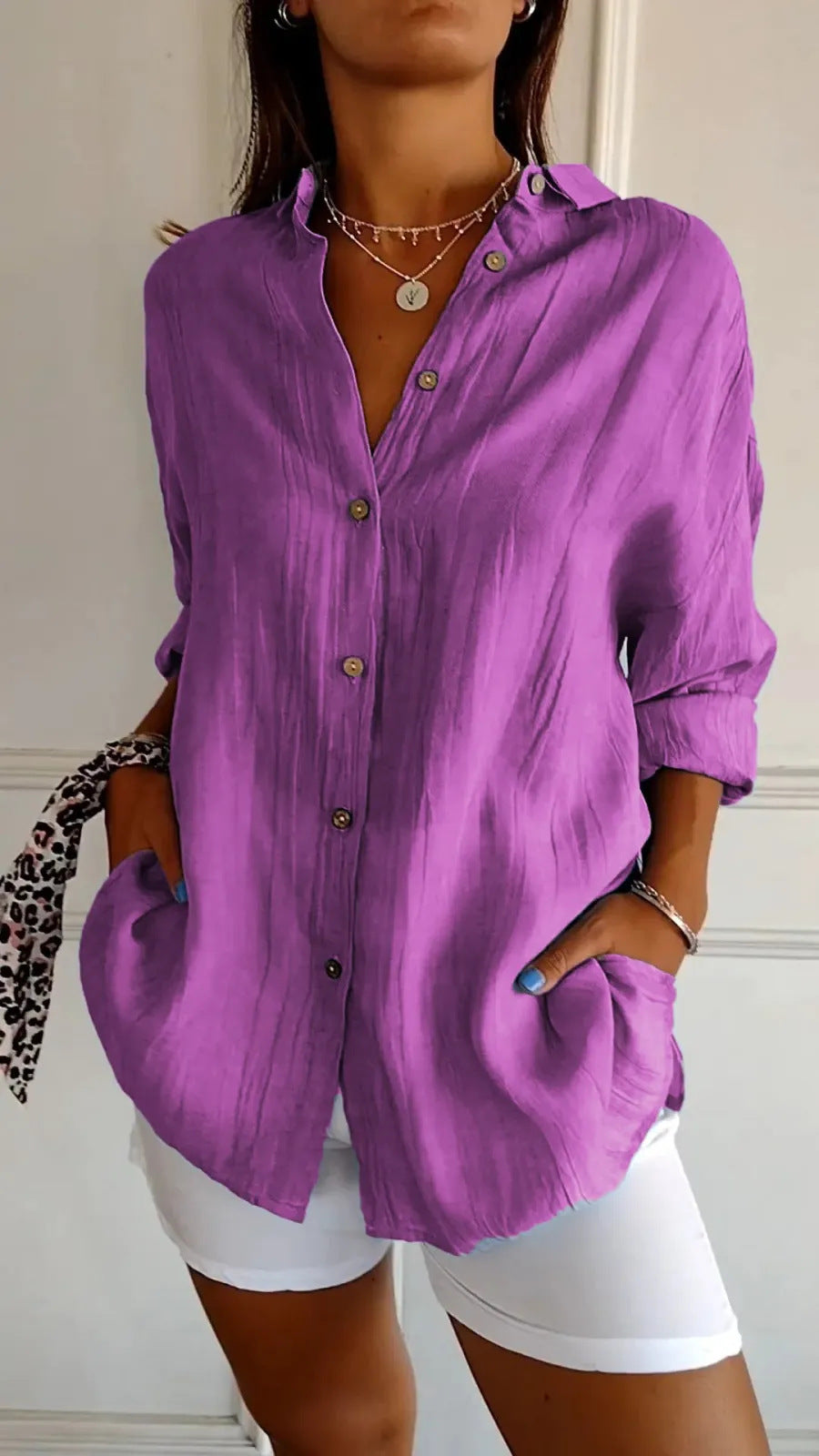 Lapel Long Sleeve Shirt Women's Single-breasted Pleated Shirt Tops Clothing - Zalixer