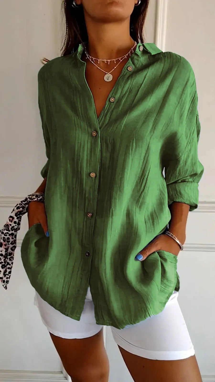 Lapel Long Sleeve Shirt Women's Single-breasted Pleated Shirt Tops Clothing - Zalixer