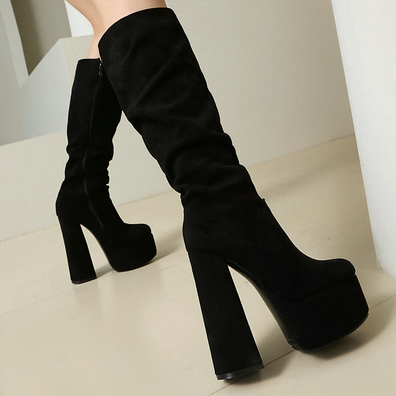 Womens Stretch Suede Waterproof Thick-soled High Heels - Zalixer