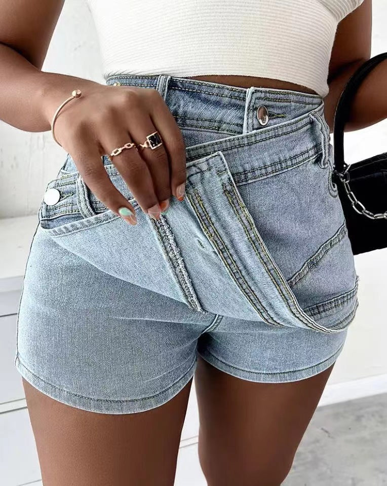 Y2K Street Vintage Denim Shorts Stretch Overlap Waist Wrap Solid Asymmetrical Hem A-Line Skinny Mini Skorts Skirt - Zalixer