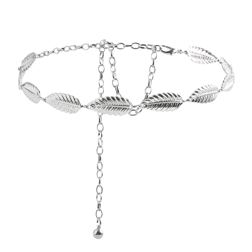 Metallic Silver Women's Waist Chain Feather Leaves Everything Dress Shirt Chain Simple Accessories - Zalixer