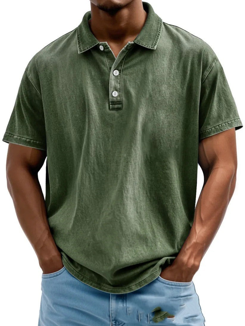 Men's Fashion Retro Washed Distressed Cotton Lapel Short Sleeve