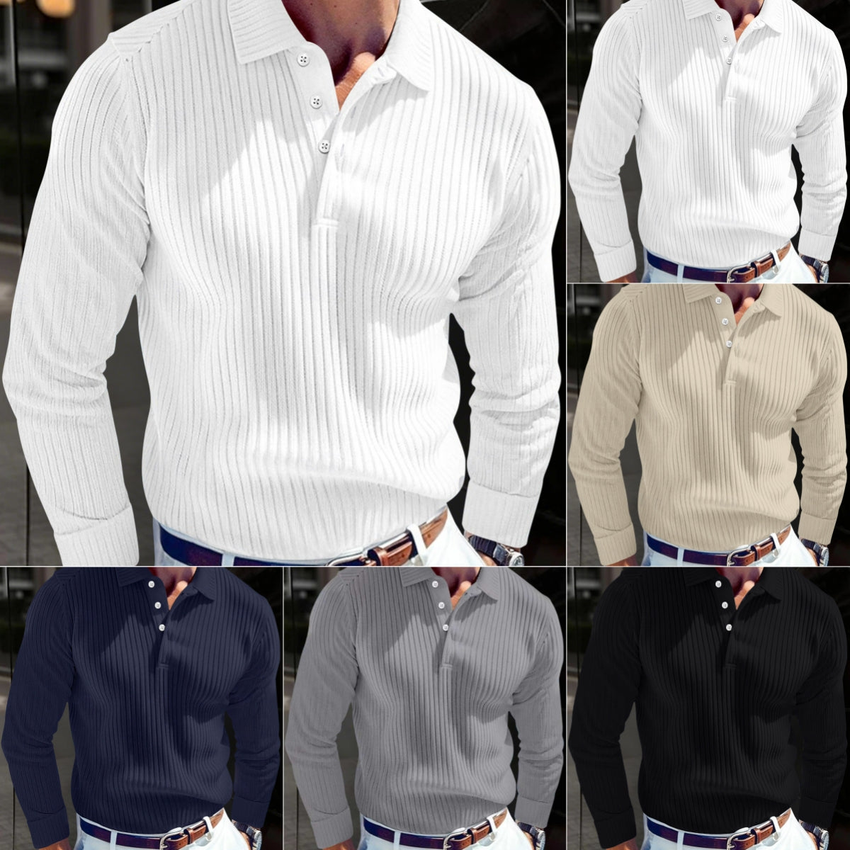 Men's Polo T-shirt With A Turn-down Collar Spring Summer Business Buttoned Long-sleeve Sports Retro Style Striped Polo Shirt For Daily Wear - Zalixer
