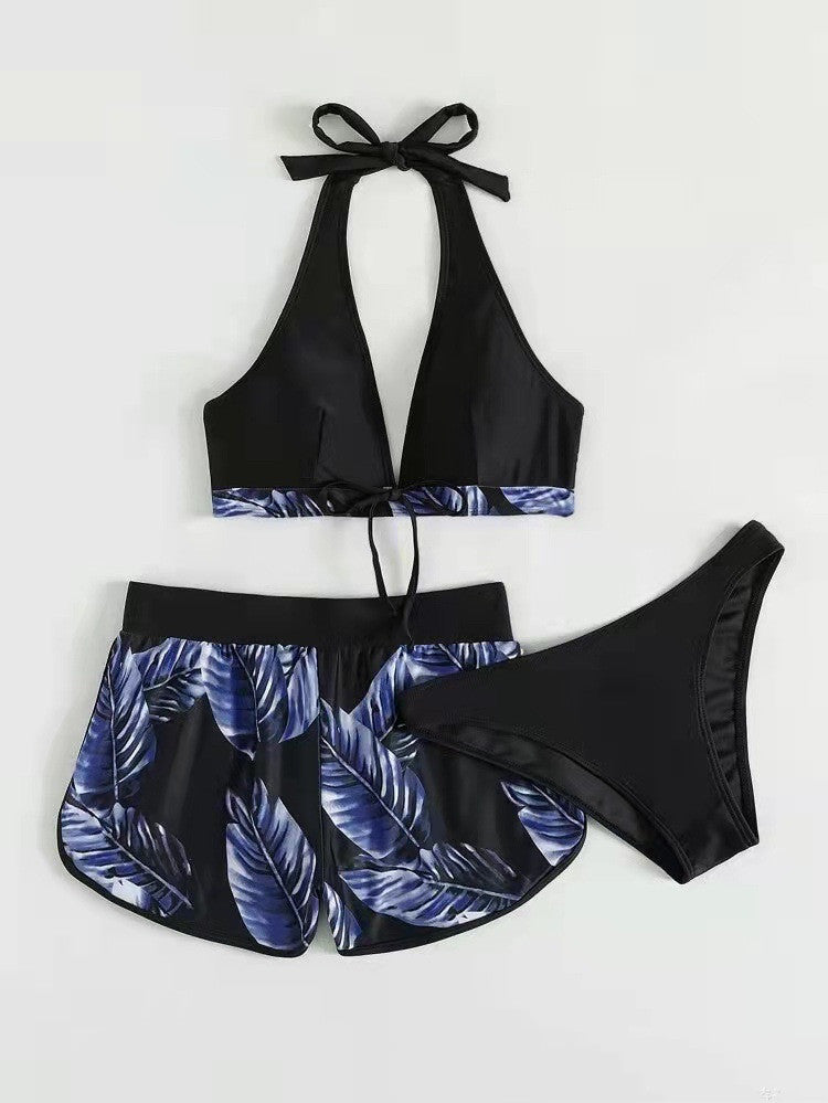3pcs Leaf Print Bikini With Shorts Fashion Summer Beach Swimsuit Womens Clothing - Zalixer