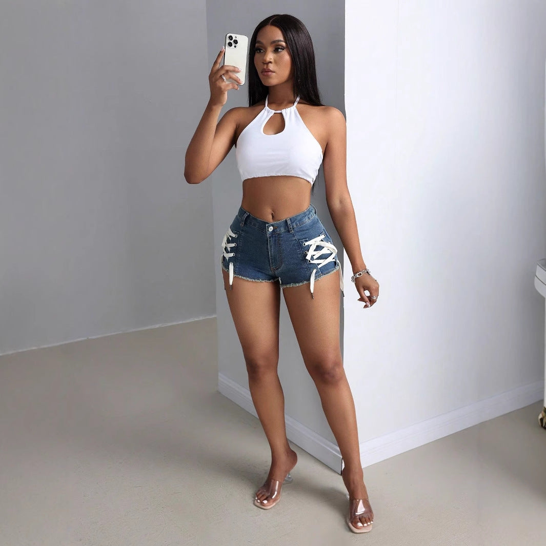 Womens Stylish Slim-Fit Personalized Elastic Denim Shorts With Ties - Zalixer