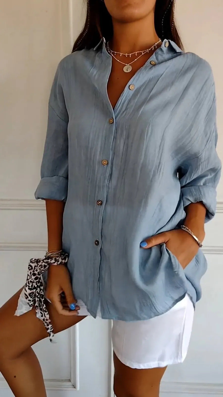 Lapel Long Sleeve Shirt Women's Single-breasted Pleated Shirt Tops Clothing - Zalixer