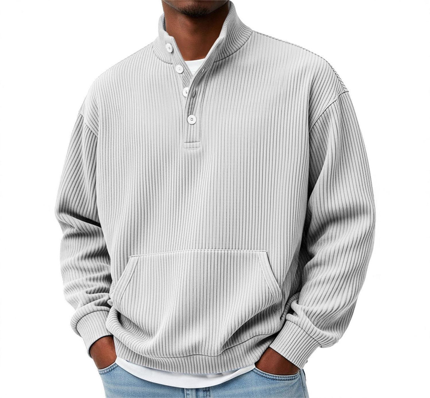 Mens Solid-Color Turtleneck Casual Long-Sleeve Polo Sweatshirt With Pockets For Men Spring Autumn Clothing Loose Button Polo Collar Tees Tops Man Outwear