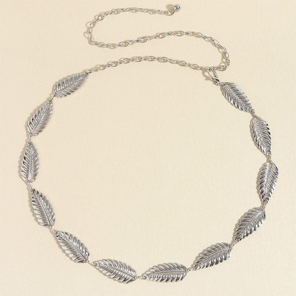 Metallic Silver Women's Waist Chain Feather Leaves Everything Dress Shirt Chain Simple Accessories - Zalixer