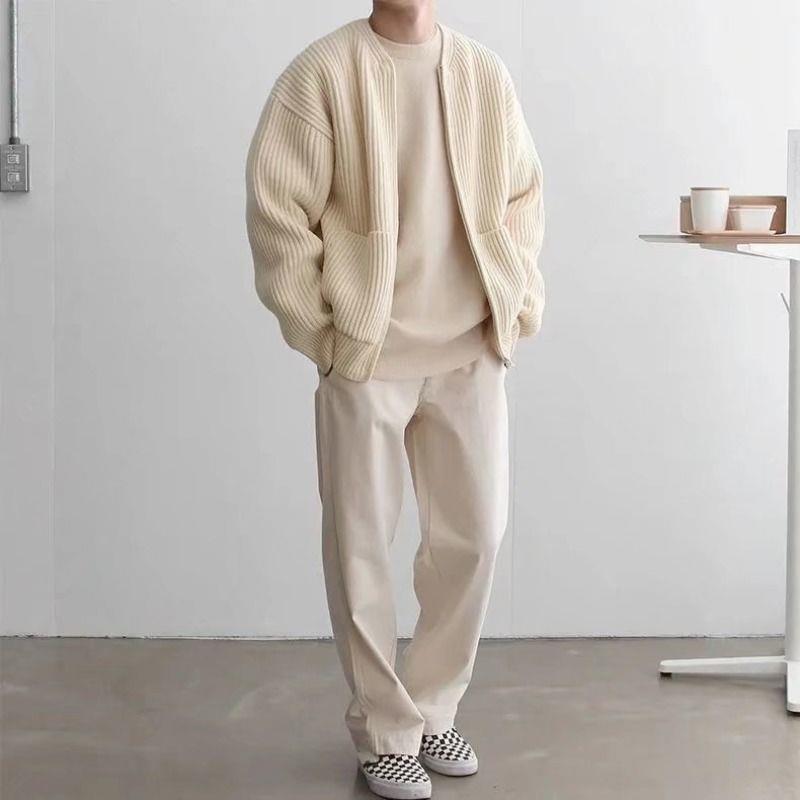 Men Zip Up Knitted Cardigan Lined Funnel Neck Jumper Sweater Pockets Coat All Seasons Comfortable Soft Long Sleeve - Zalixer