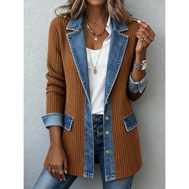 Denim Patchwork Jacket Fashion Commuter Lapel Button-down Long-sleeved Top For Women's Clothing - Zalixer