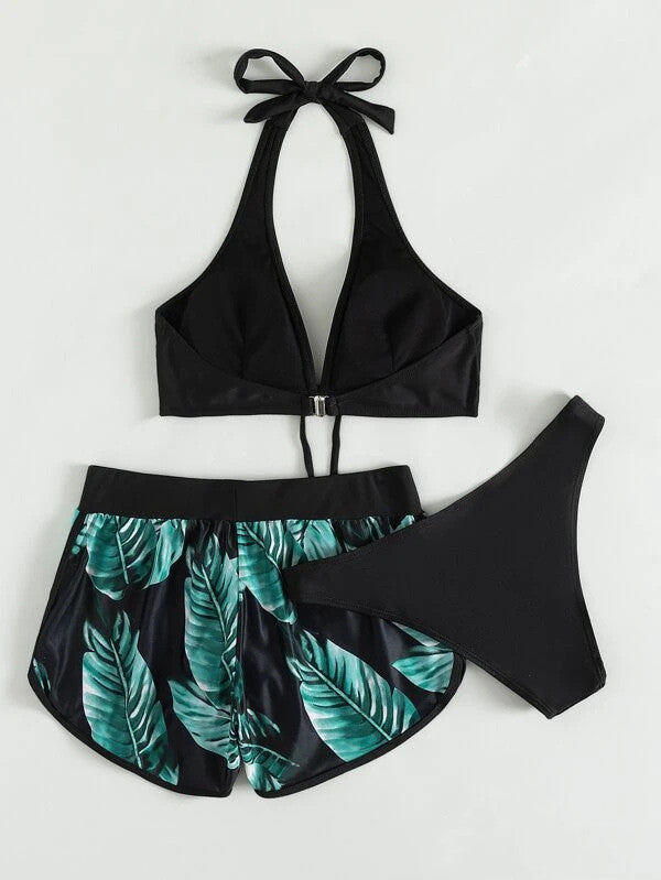 3pcs Leaf Print Bikini With Shorts Fashion Summer Beach Swimsuit Womens Clothing - Zalixer