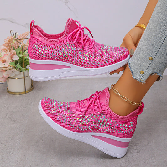 Ins Rhinestone Sneakers Fashion Lace Up Wedges Casual Shoes Women's Daily Commuting Sports Shoes - Zalixer