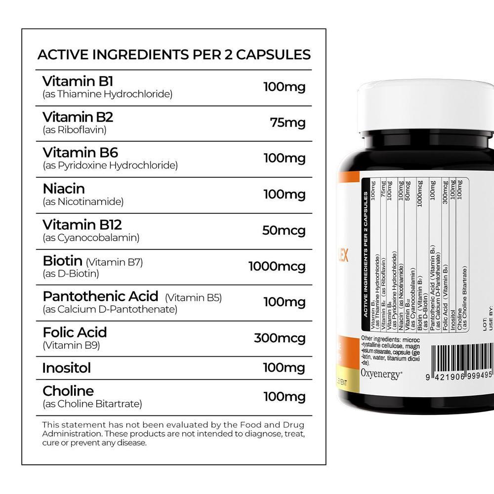 Oxyenergy Vitamin Mega B Complex Supplement For Healthcare,Energy And Dietary Needs,8 Classic B Vitamins 90 Capsules Bottle