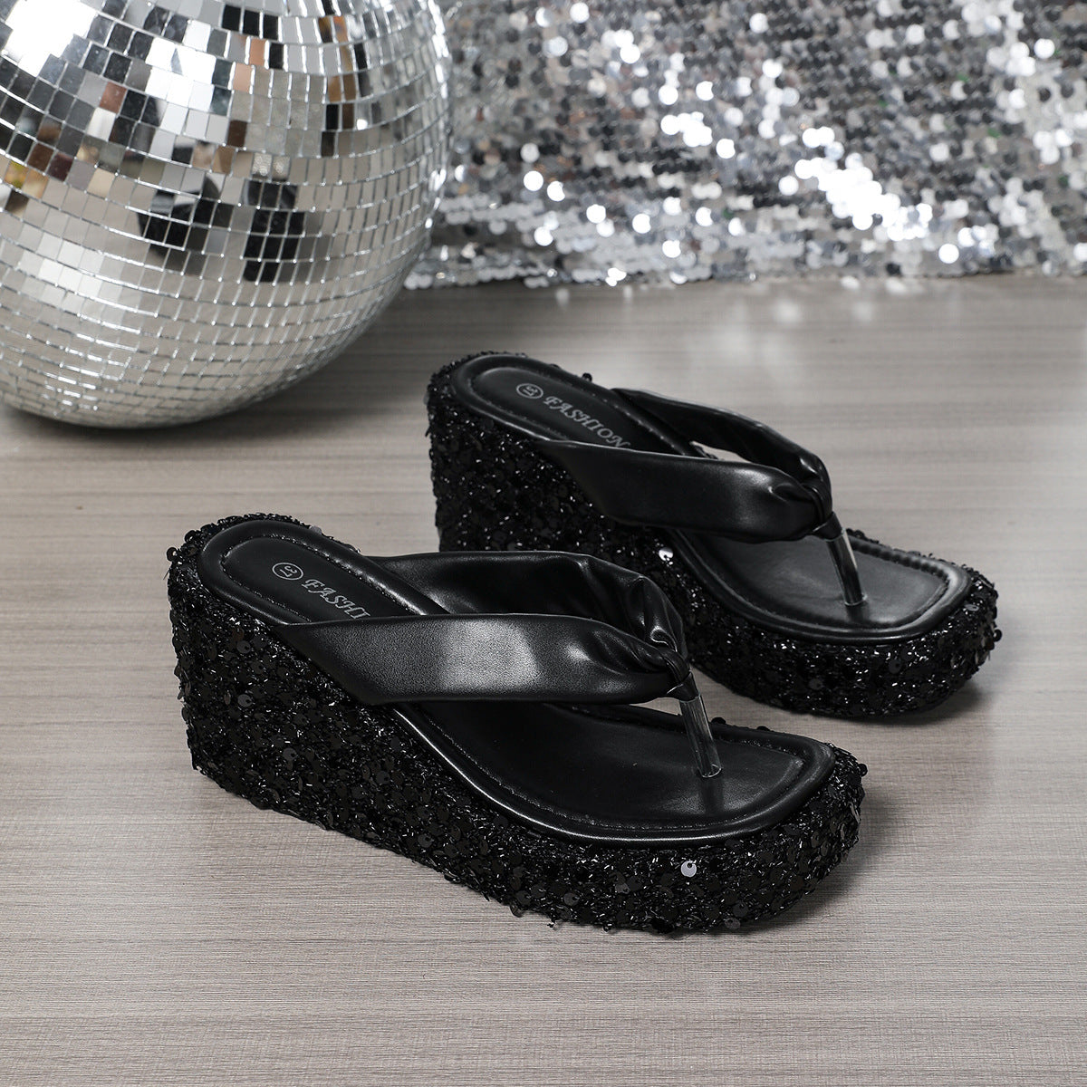 High Heels Wedge Sandals With Sequins Shiny Height Increasing Platform Flip Flops Women's Thick Bottom Shoes Beach Summer - Zalixer