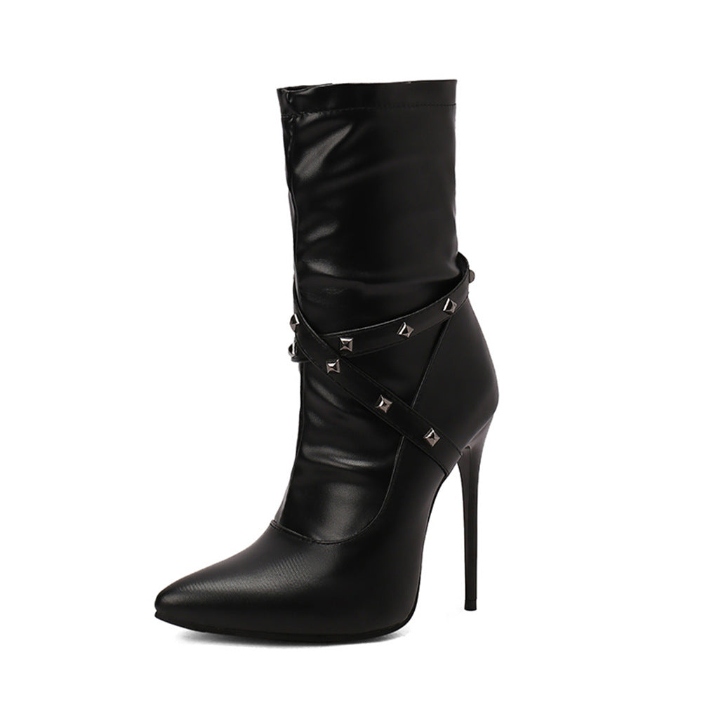 Womens European-style Mid-calf Boots With Slender High Heels - Zalixer