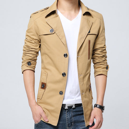 Cotton Washed Men's Trench Coat Mid-length Lapel Jacket