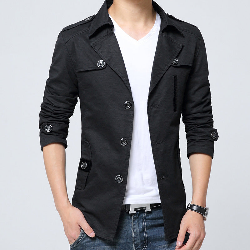 Cotton Washed Men's Trench Coat Mid-length Lapel Jacket