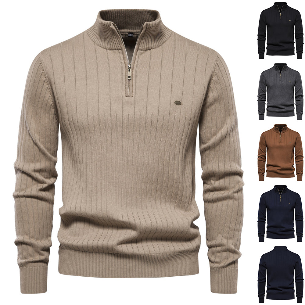 Half-zipper Pullover Sweater Men's Fashion Casual Stand Collar Long-sleeved Knitted Tops Fall Winter Clothing - Zalixer