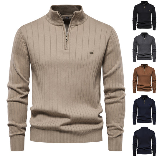 Half-zipper Pullover Sweater Men's Fashion Casual Stand Collar Long-sleeved Knitted Tops Fall Winter Clothing - Zalixer
