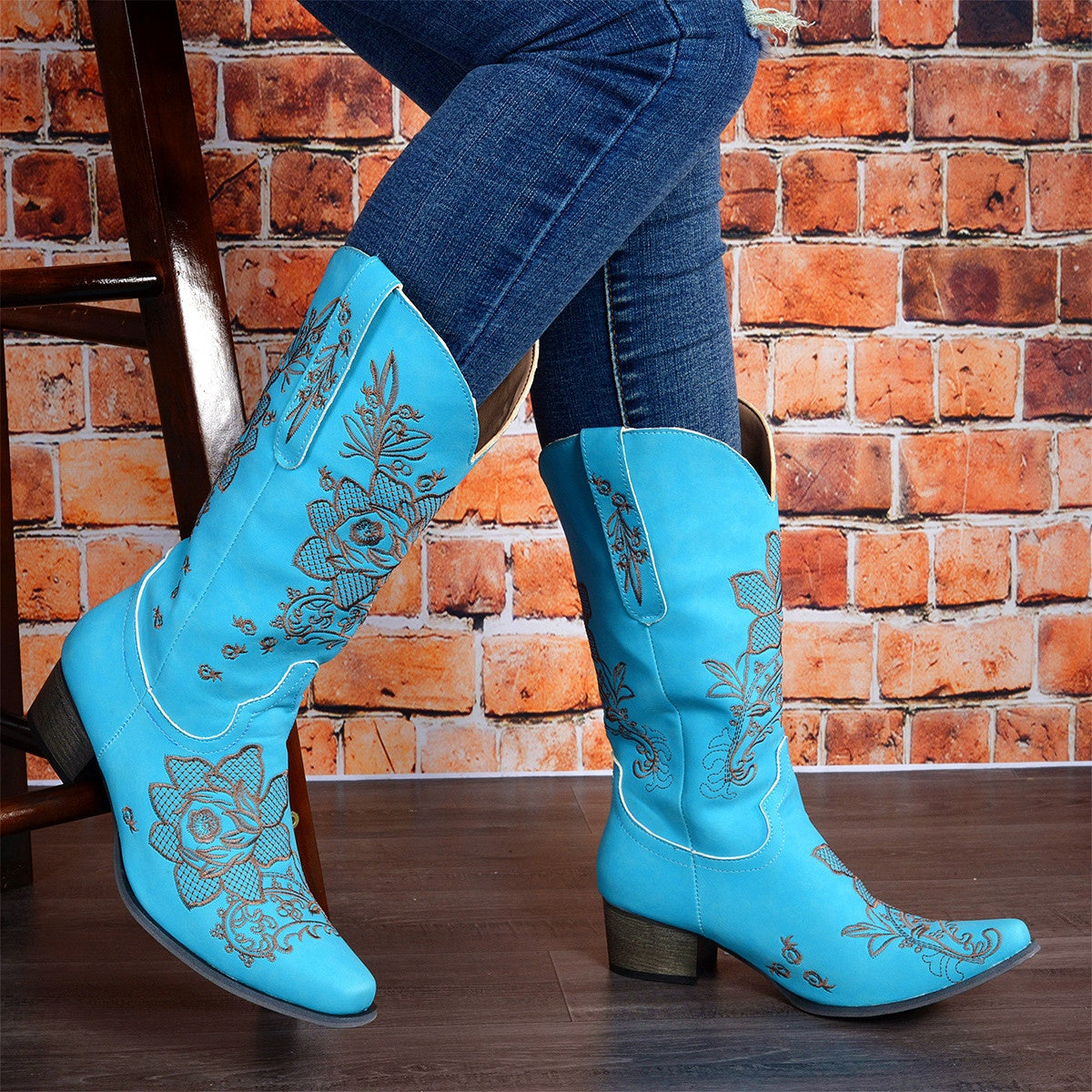 Womens Mid-Calf Boots With Embroidery Ethnic Style And A Comfortable Mid-Heel - Zalixer