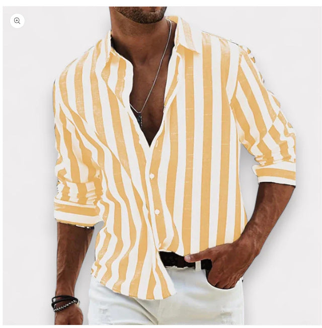 Men's Striped Print Casual Loose Long-Sleeved Shirt - Zalixer