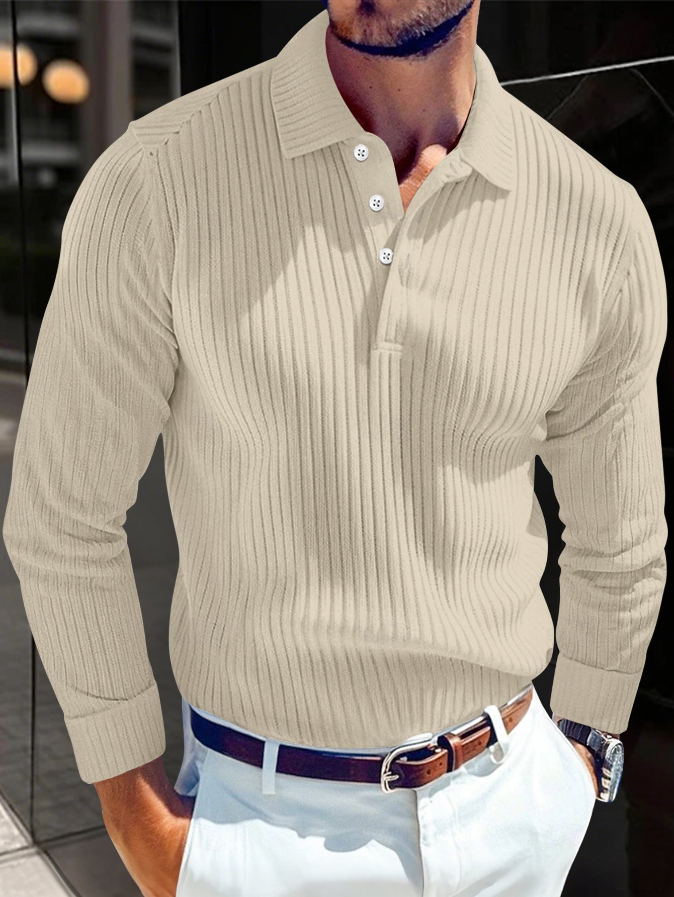 Men's Polo T-shirt With A Turn-down Collar Spring Summer Business Buttoned Long-sleeve Sports Retro Style Striped Polo Shirt For Daily Wear - Zalixer
