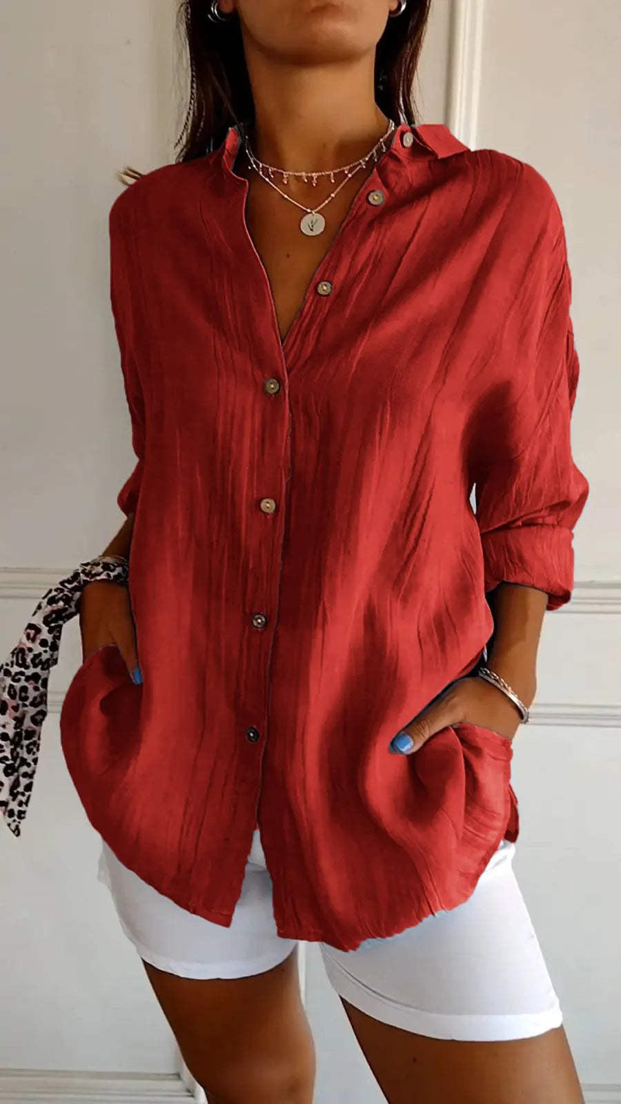 Lapel Long Sleeve Shirt Women's Single-breasted Pleated Shirt Tops Clothing - Zalixer