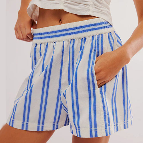Y2K Stripe Print Shorts Summer Fashion Elastic Beach Pants With Pockets Womens Clothing - Zalixer