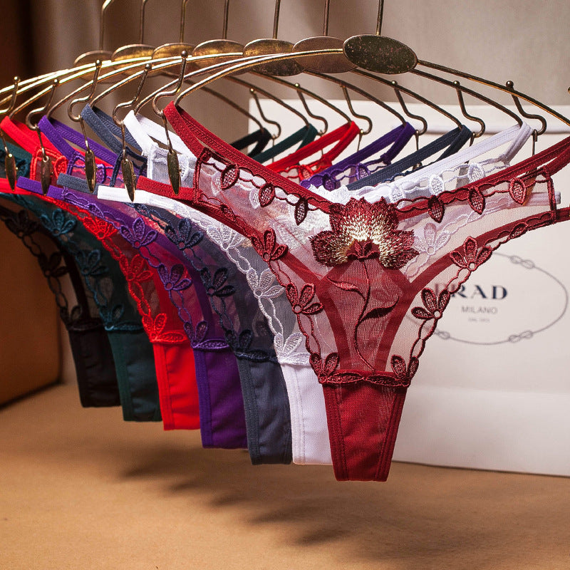 Women's Embroidered Transparent Mesh Hollow Panties Low Waist - Zalixer