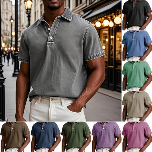 Stylish Solid-color Vintage Short-sleeve Lapel Polo Shirt For Men Summer Casual Business T-shirt