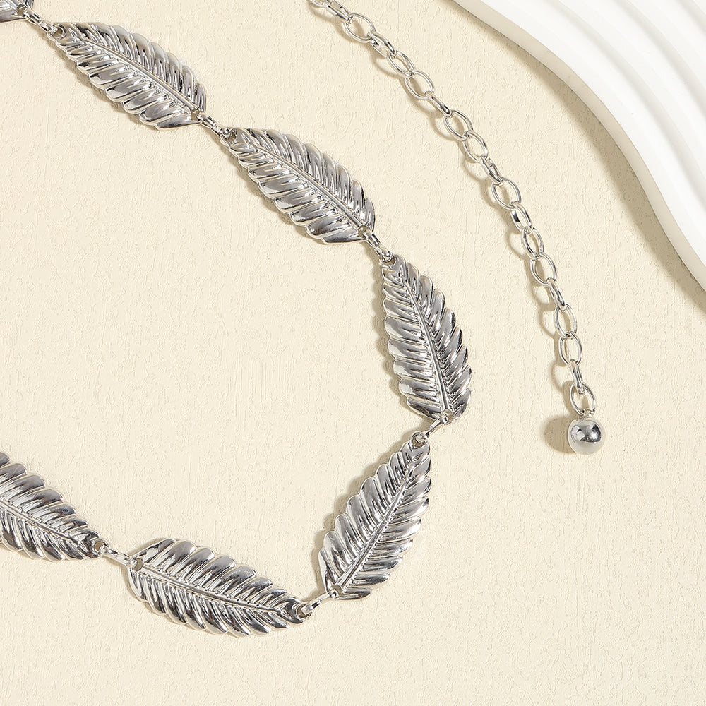 Metallic Silver Women's Waist Chain Feather Leaves Everything Dress Shirt Chain Simple Accessories - Zalixer