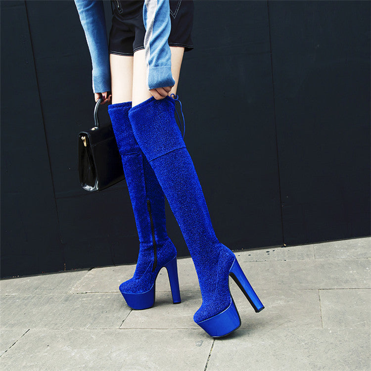 Womens Thigh Bling Sequined Cloth Platforms High Heels Long Boots - Zalixer
