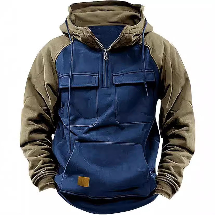 Fall Winter Retro Cargo Men's Half Zipper Multi Pockets Solid Warm Fleece Hoodie Sweatshirts - Zalixer