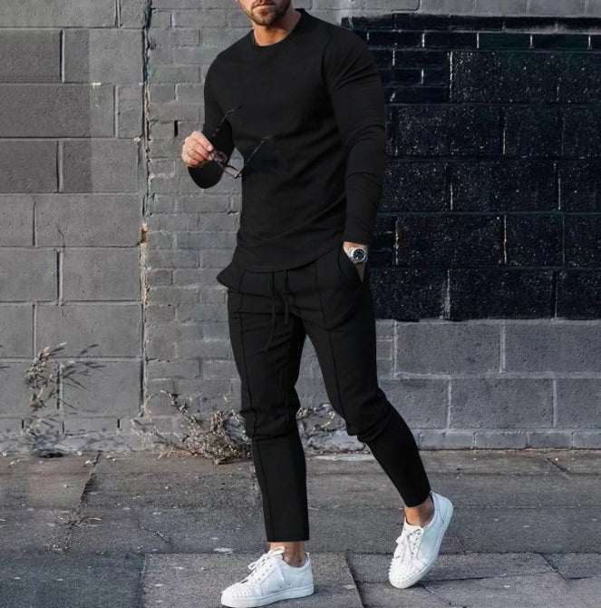Men's Long-Sleeved Suit Slim Crew Neck Pullover T-shirt And Pockets Drawstring Pencil Pants Casual Trousers Set - Zalixer