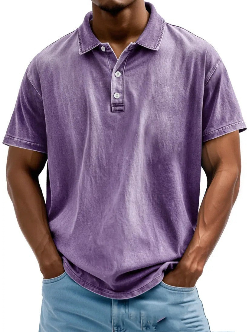 Men's Fashion Retro Washed Distressed Cotton Lapel Short Sleeve