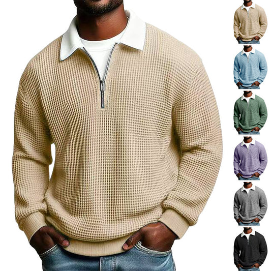 Men's Solid-Color Waffle-Weave Long-Sleeve Lapel Zip-Up Business Polo Shirt Spring Fall Zipper T-shirts Tops For Daily Wear - Zalixer