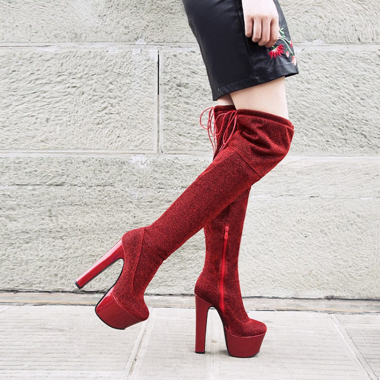 Womens Thigh Bling Sequined Cloth Platforms High Heels Long Boots - Zalixer